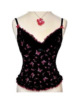 VINTAGE Victoria's Secret Cami Ruffles Underwire Butterflies Black Pink Large